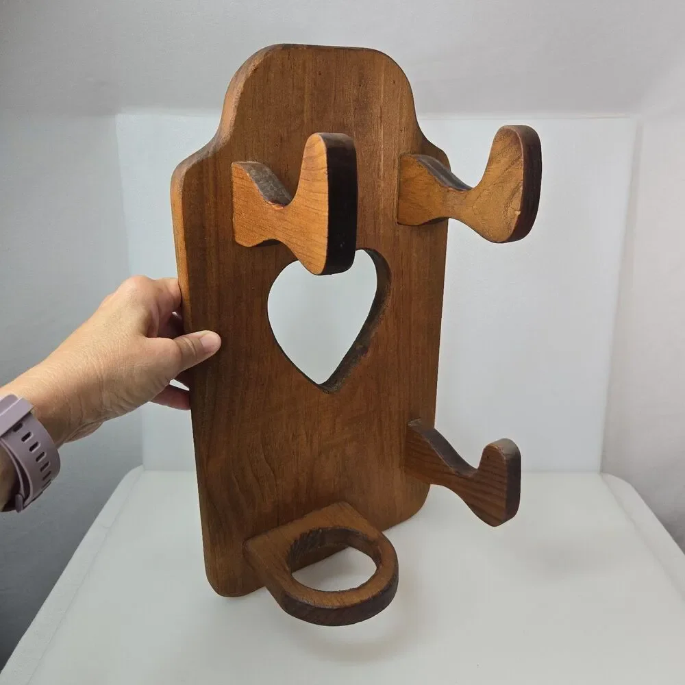 Vintage Wood Wall Mount Hair Dryer Curling Iron Holder Rustic Bathroom Organizer